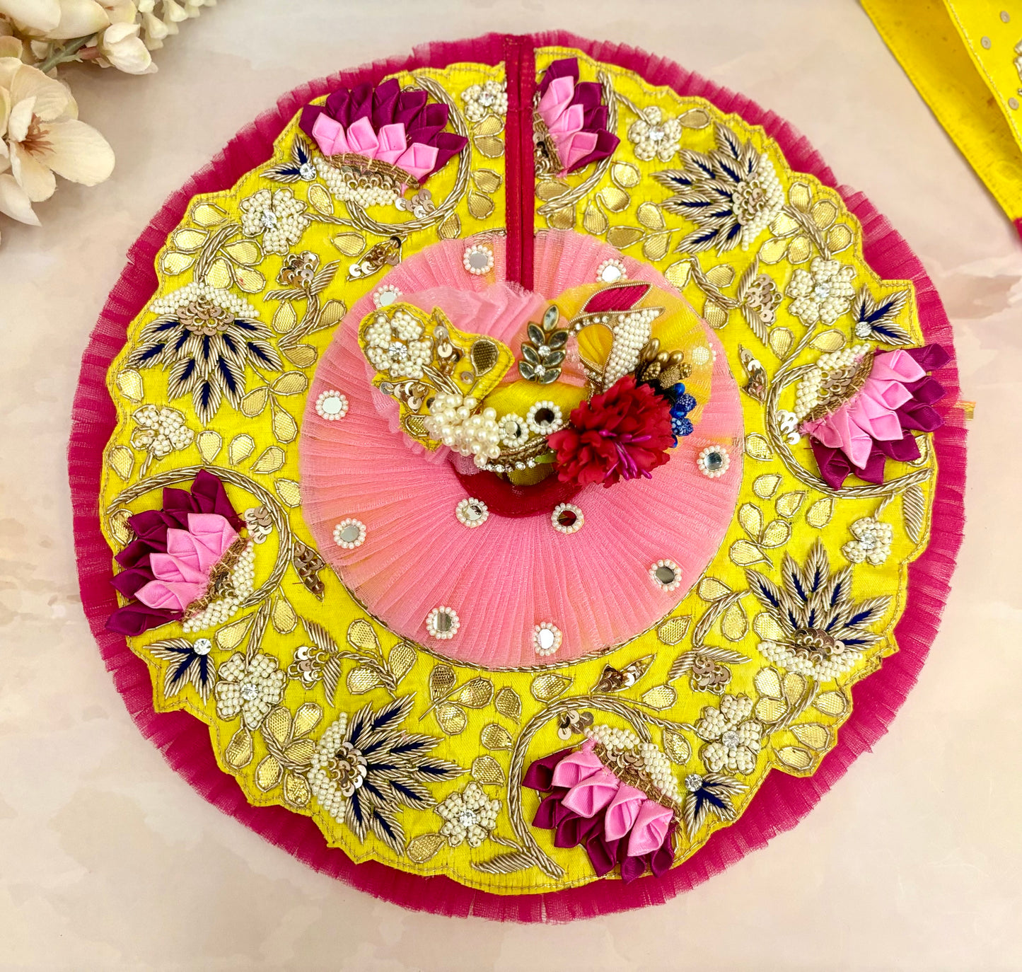 Luxe- Yellow & Pink Hand embroidered Laddu Gopal Dress (4 piece set)