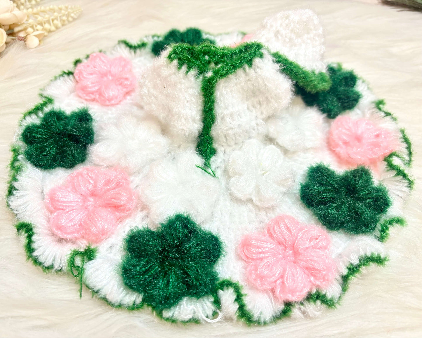 Green & Pink Flower Woollen Laddu Gopal Dress with Woollen Cap