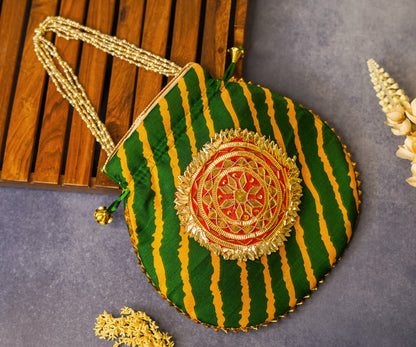 Green Leheriya Silk Potli with Pearl Handle