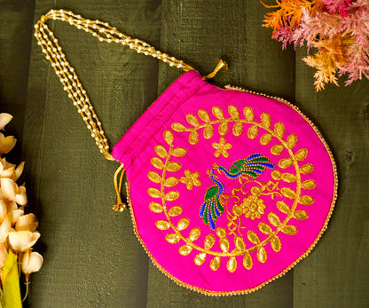 Hot Pink Peacock Potli with Pearl Handle