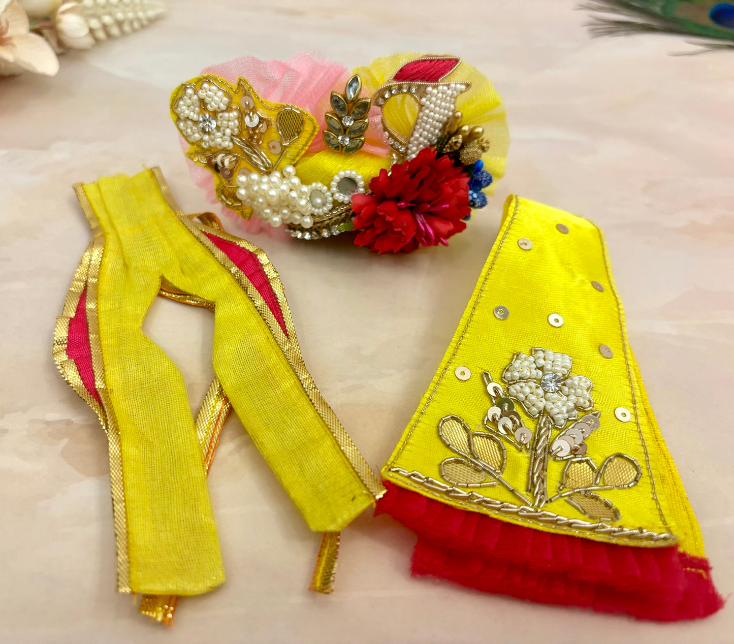 Luxe- Yellow & Pink Hand embroidered Laddu Gopal Dress 