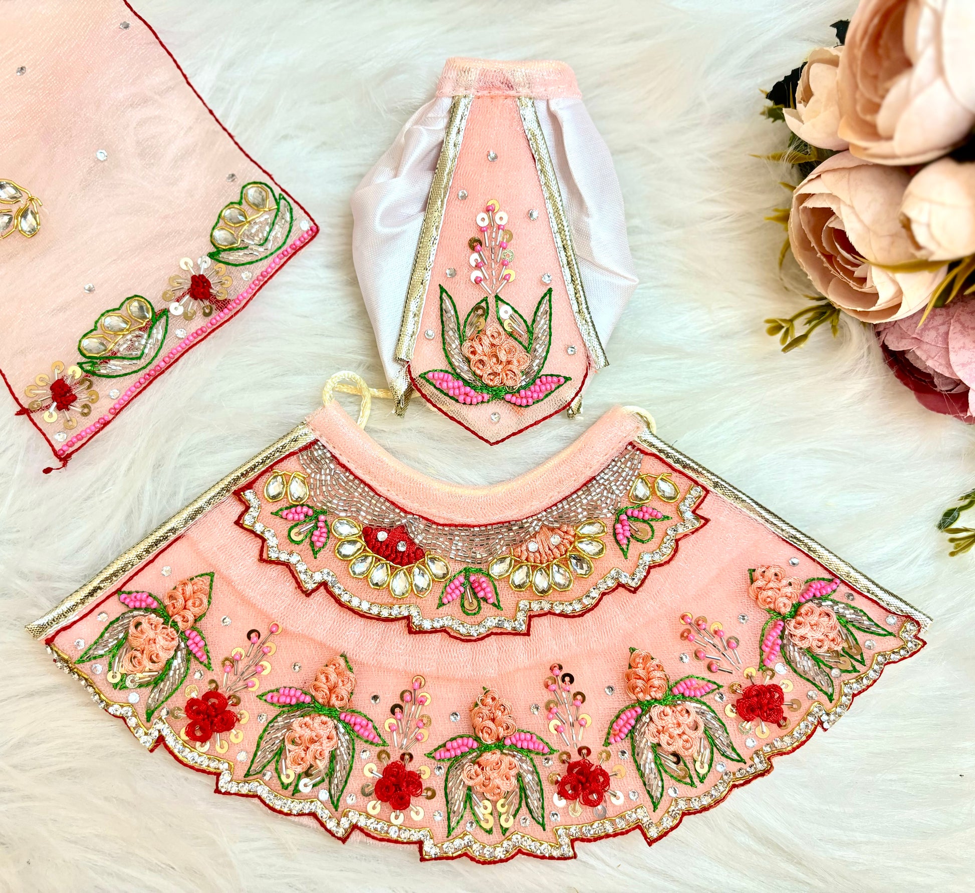 Luxe - RK  / Yugal Sarkar/  Laxmi ji & Ganesh ji Set Peach Lotus Lehenga & Dhoti - 6 piece set