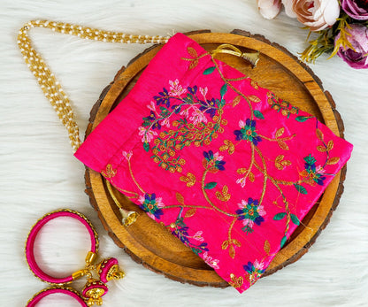 Hot Pink Embroidered Flower Potli with Pearl Handle