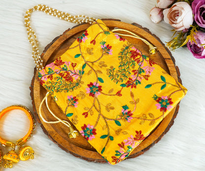 Yellow Embroidered Flower Potli with Pearl Handle