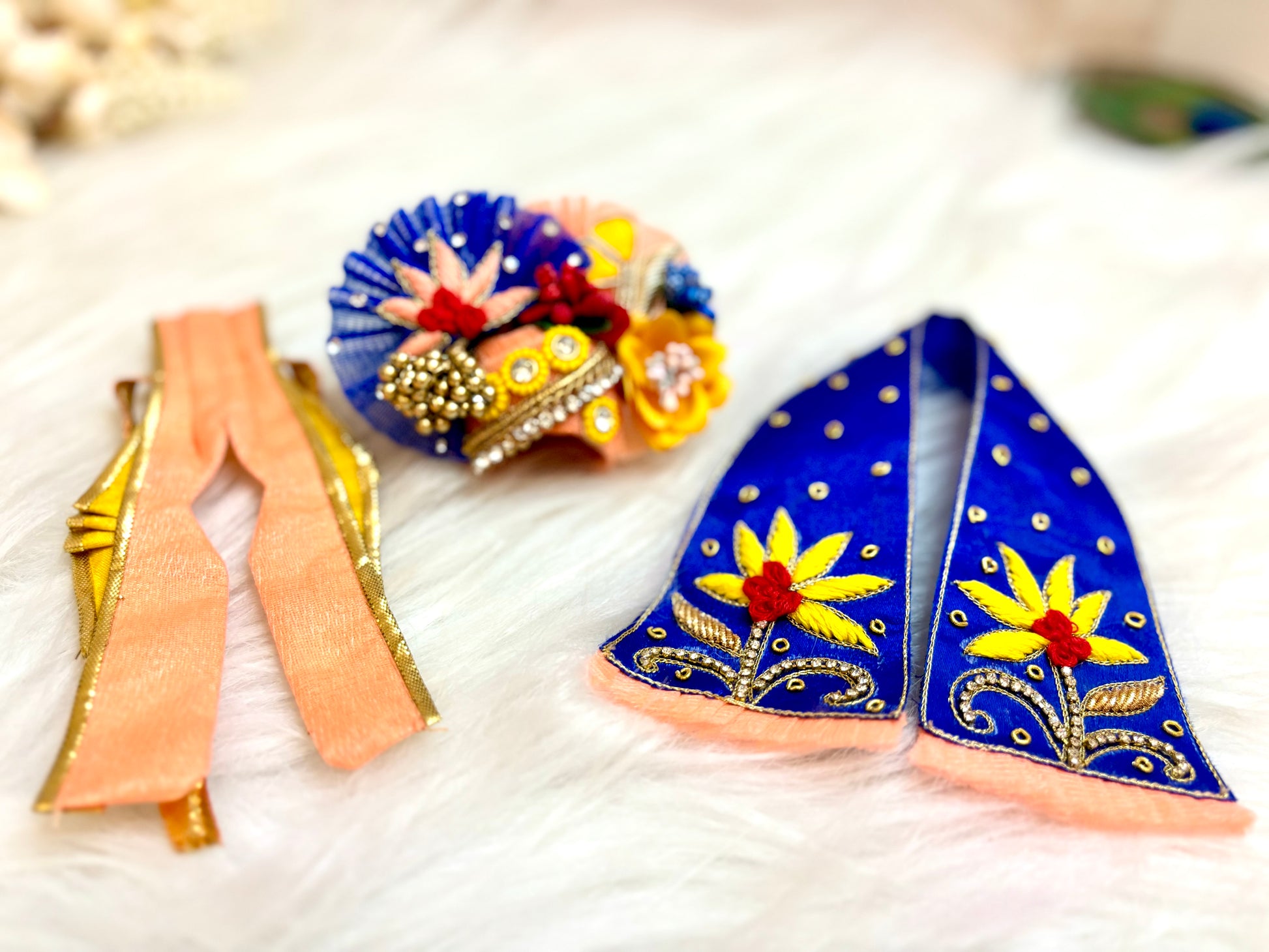 Luxe Blue & Peach Hand Embroidered Laddu Gopal Dress (4 piece set)