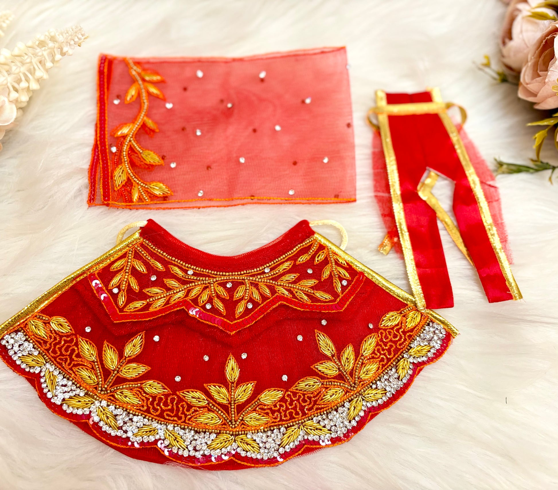 Luxe - RK  / Yugal Sarkar/  Laxmi ji & Ganesh ji Set Golden Red Leaf Lehenga & Dhoti - 6 piece set