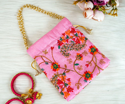 Pink Embroidered Flower Potli with Pearl Handle