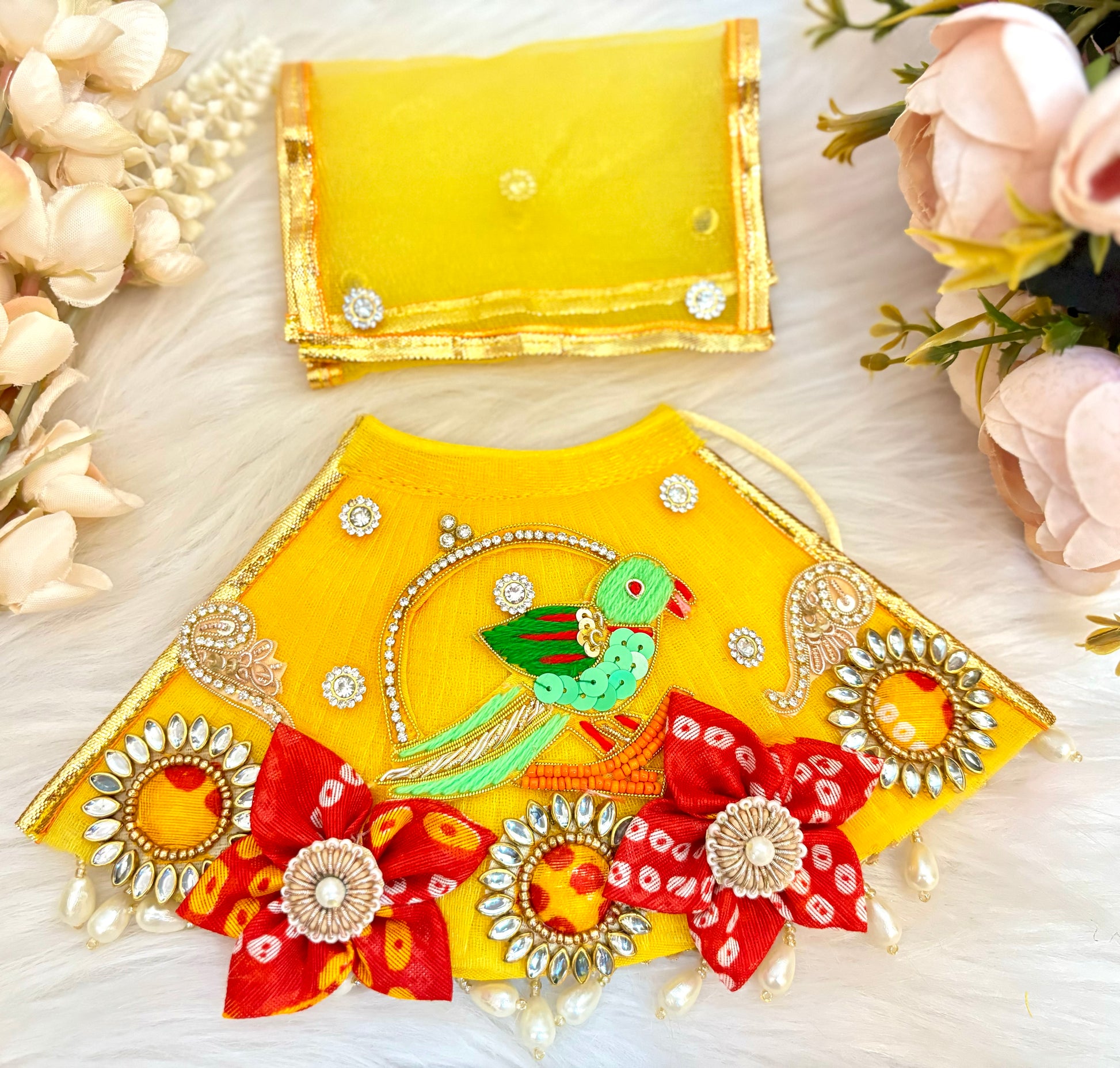  Laxmi ji & Ganesh ji Set Yellow Parrot Lehenga & Dhoti - 6 piece set