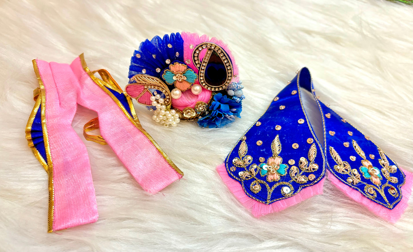 Luxe - Blue & Pink Peacock Hand Embroidered Laddu Gopal Dress (4 piece set)