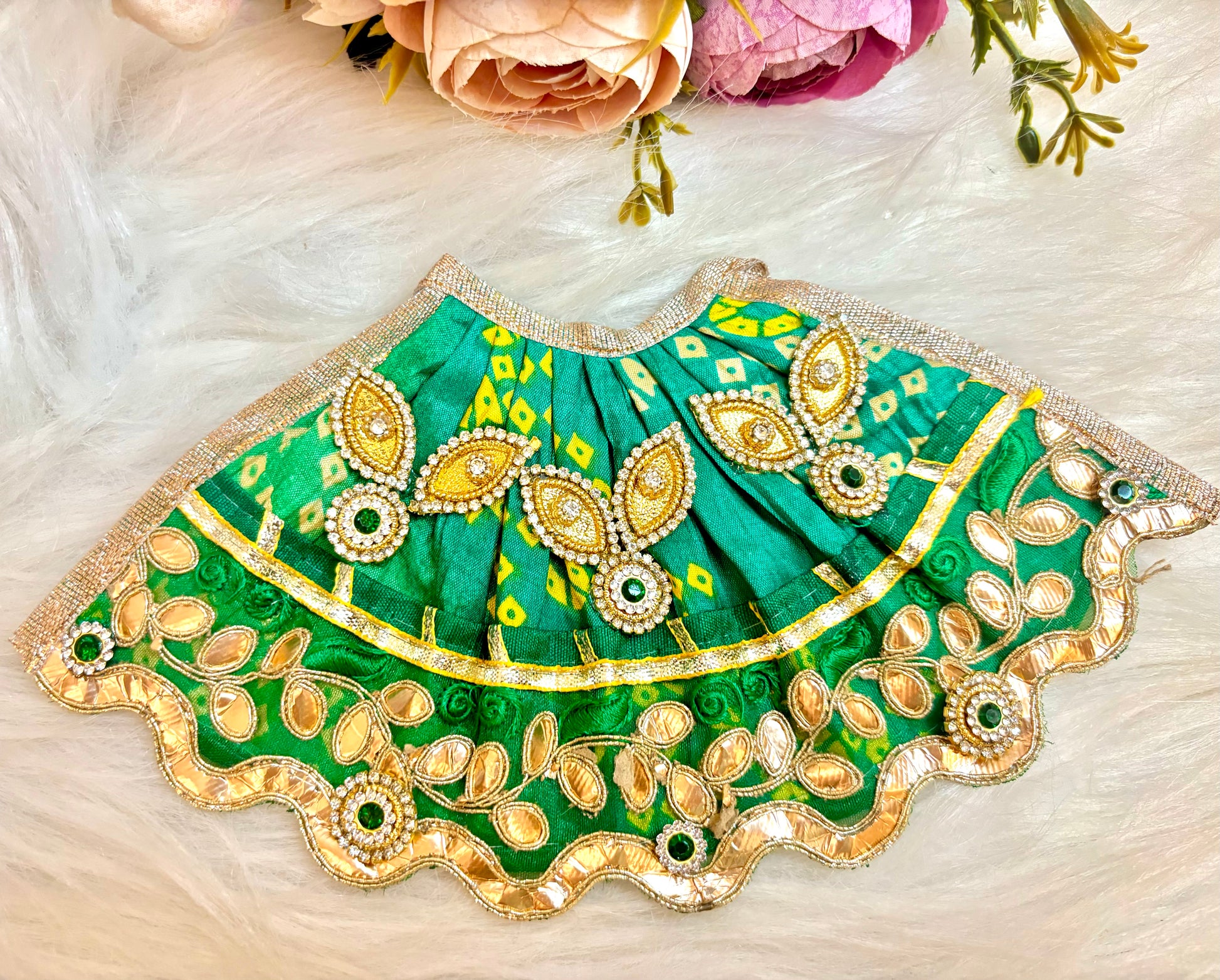 Mata Rani Lehenga & Patka ( 2 piece set) - Green Bandhej