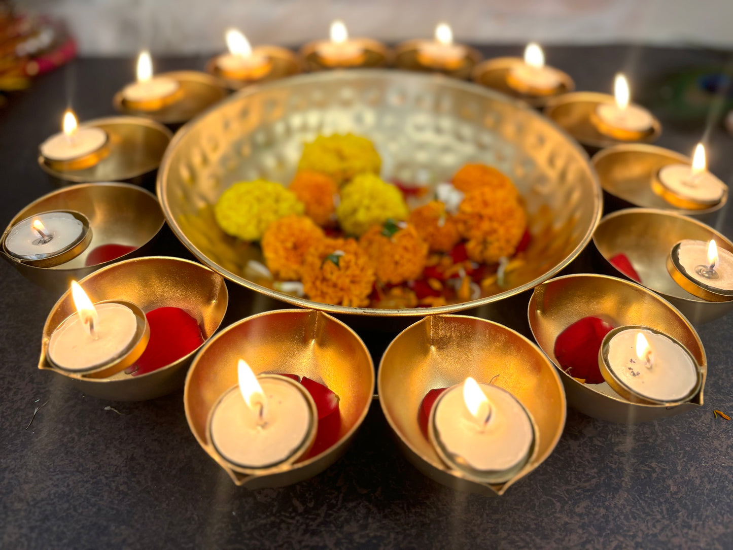 Decorative Urli Bowl with 14 Tealight holders