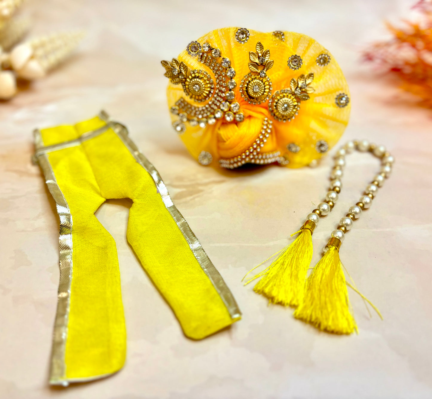 Mustard Yellow Jarkan Laddu Gopal Dress (4 piece set)