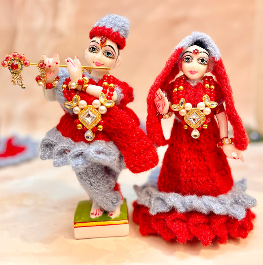 Red & Grey Woollen Radhe Krishna Dress (7 piece set)