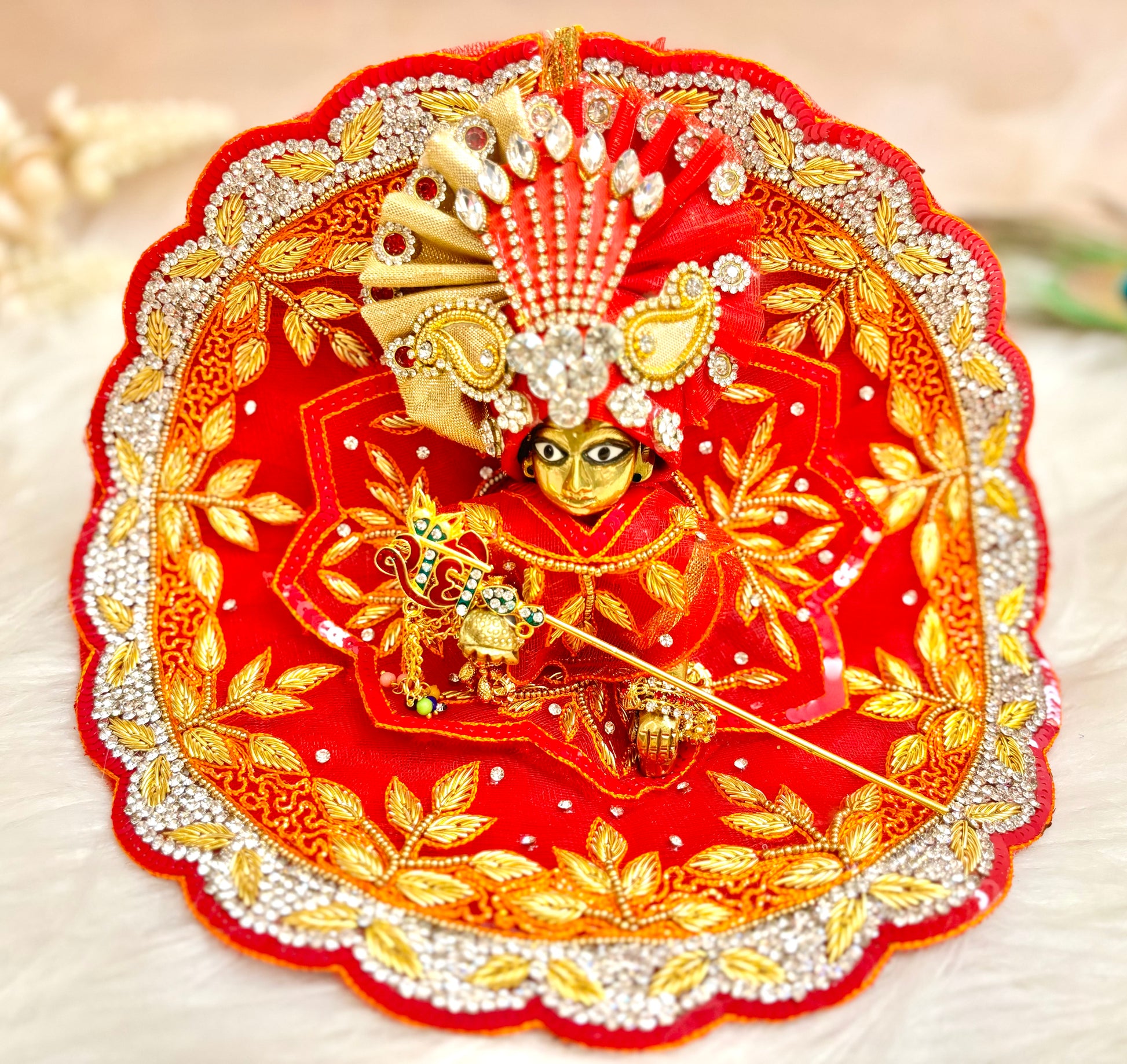 Luxe - Golden Red Leaf Hand Embroidered Laddu Gopal Dress (5 piece set)