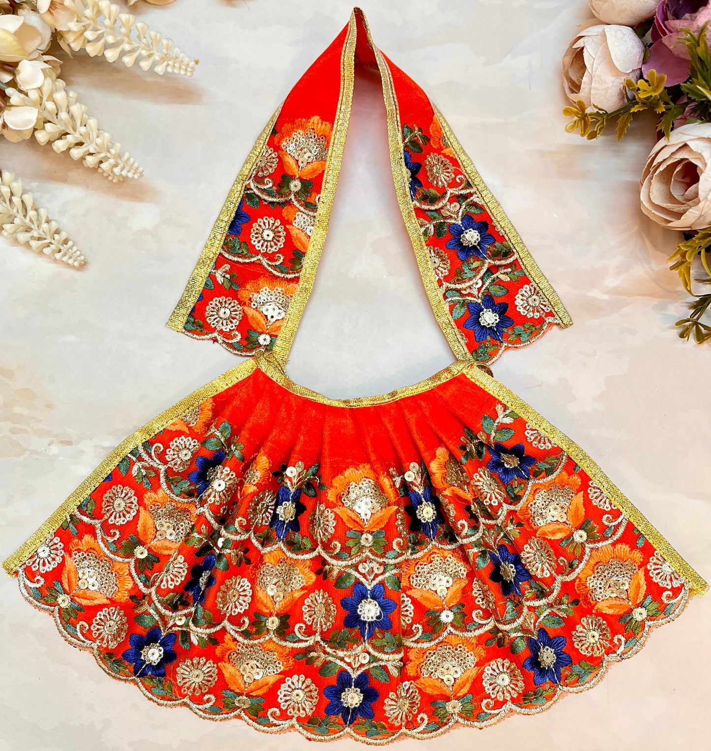 Mata Rani Lehenga & Patka ( 2 piece set) - Orange Flower