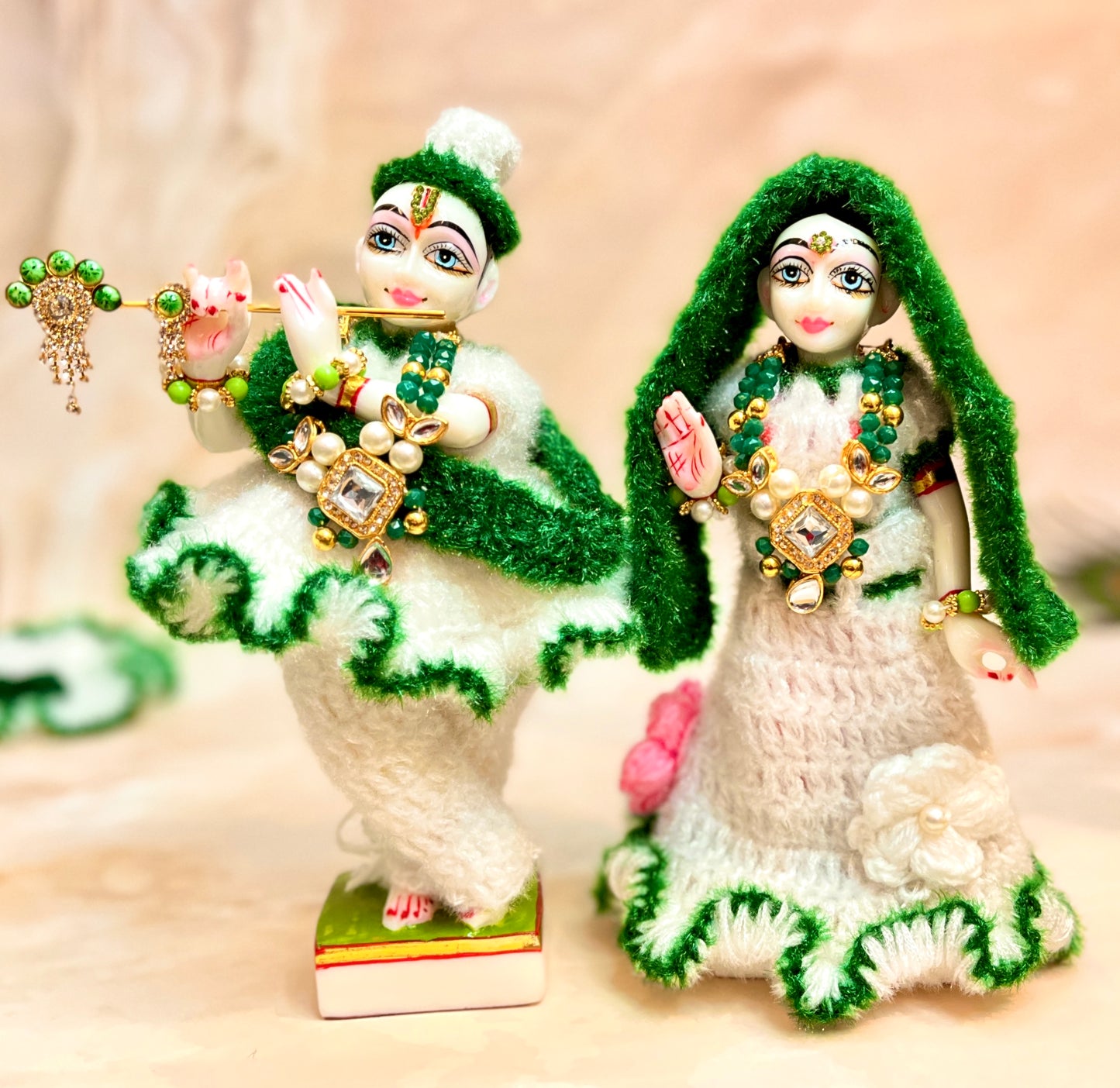 Green & White Woollen Radhe Krishna Dress