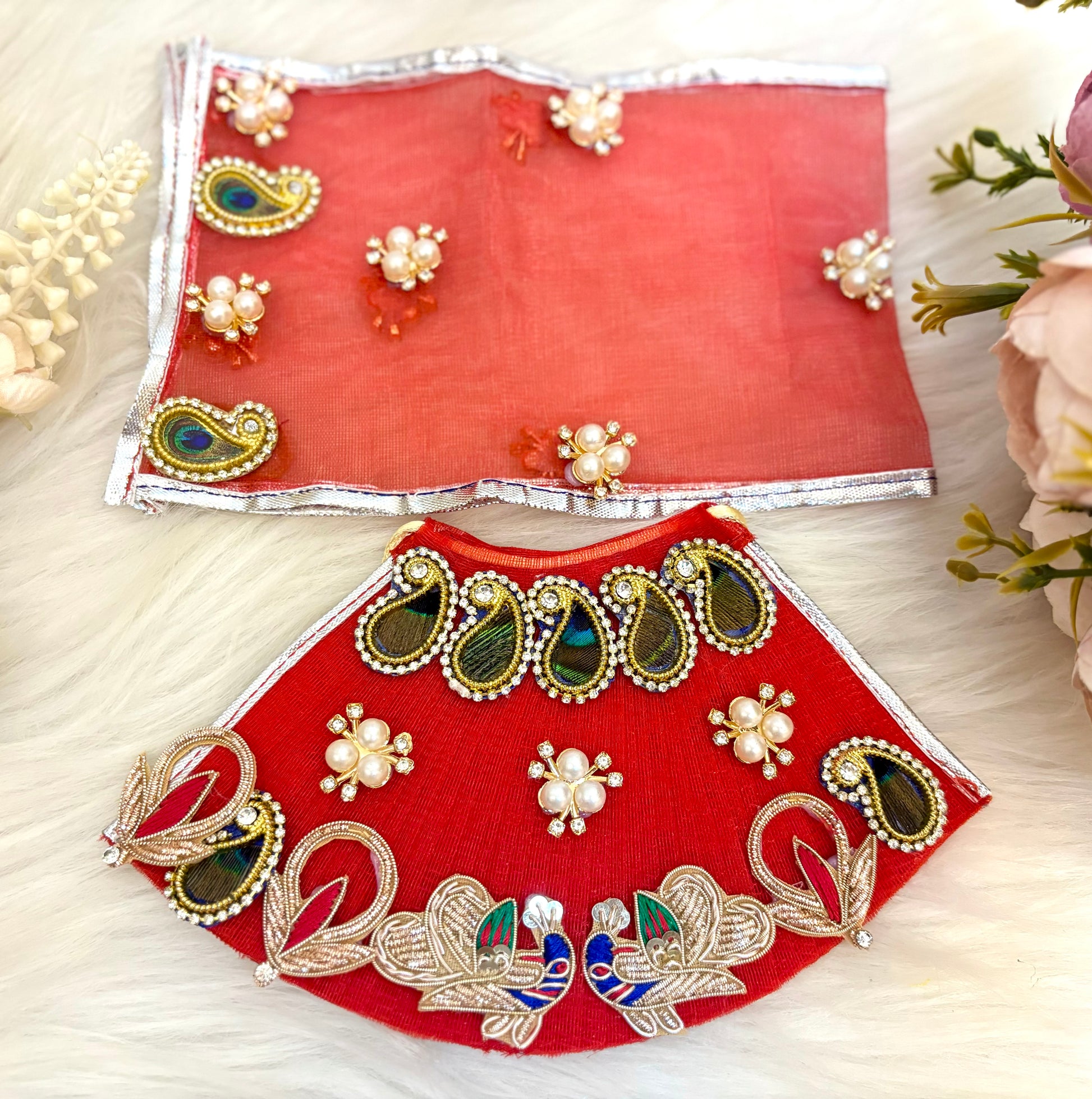 Laxmi ji & Ganesh ji Set Red Peacock Lehenga & Dhoti - 7 piece set