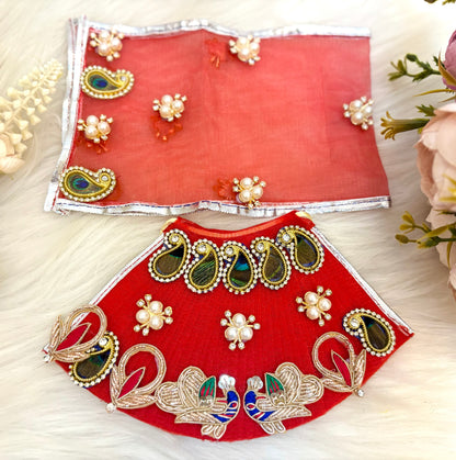 Laxmi ji & Ganesh ji Set Red Peacock Lehenga & Dhoti - 7 piece set