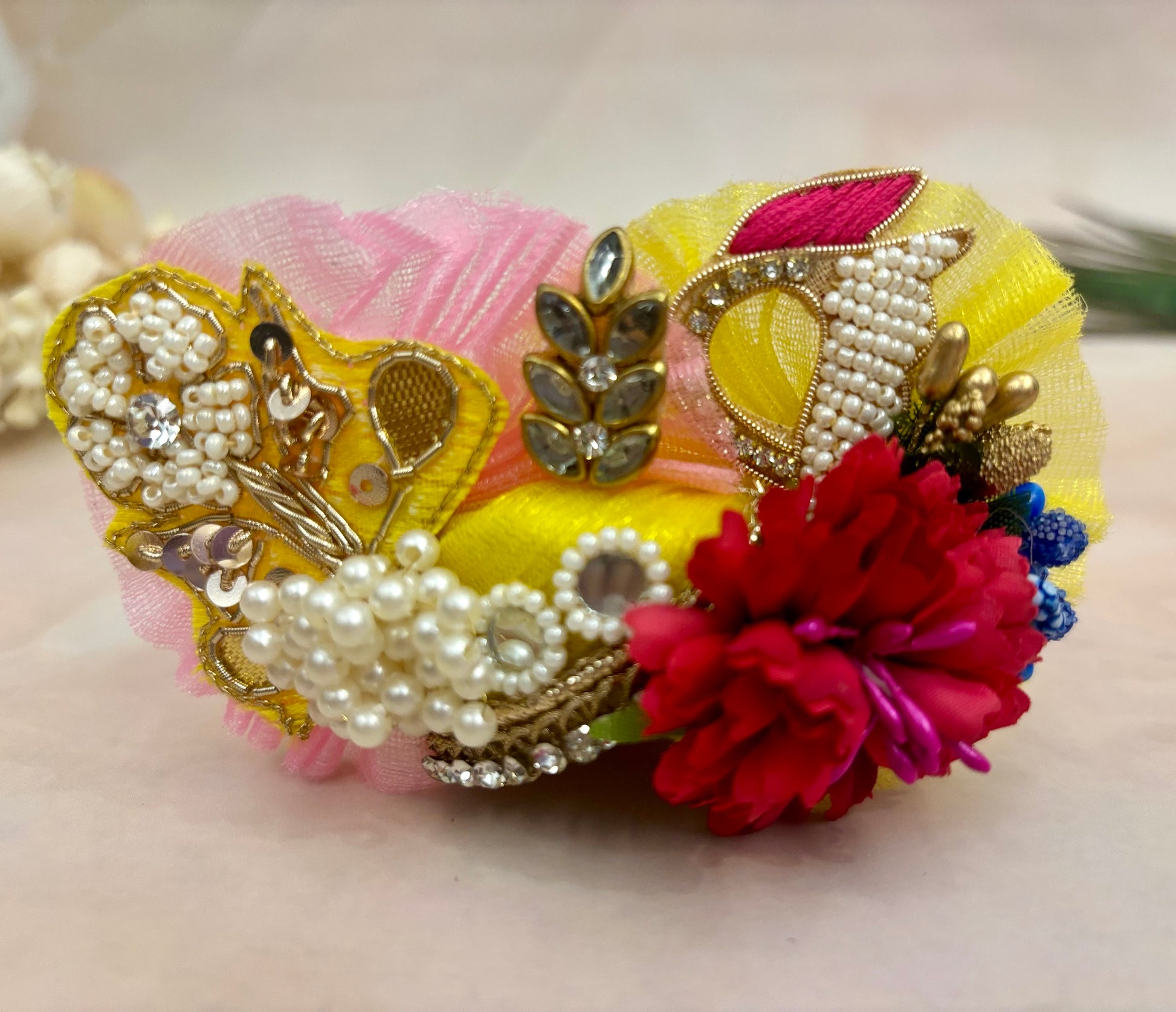 Luxe- Yellow & Pink Hand embroidered Laddu Gopal Dress 