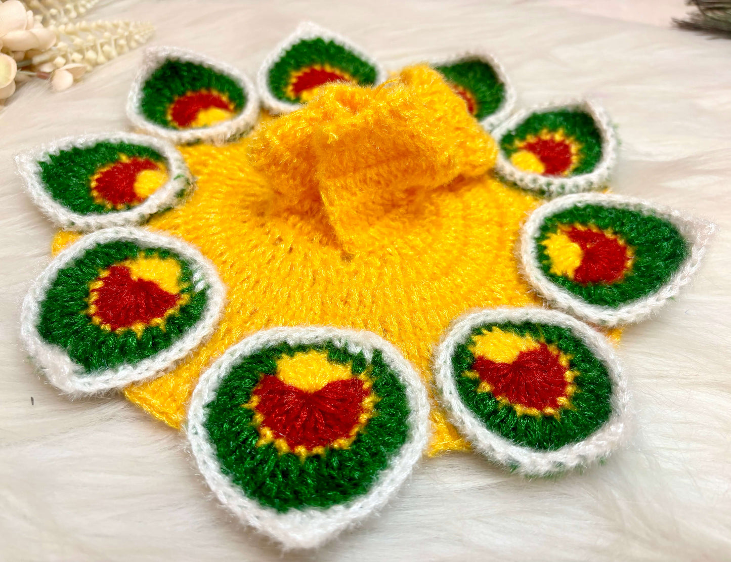 Yellow Green Leaves Woollen Laddu Gopal Dress with Woollen Cap