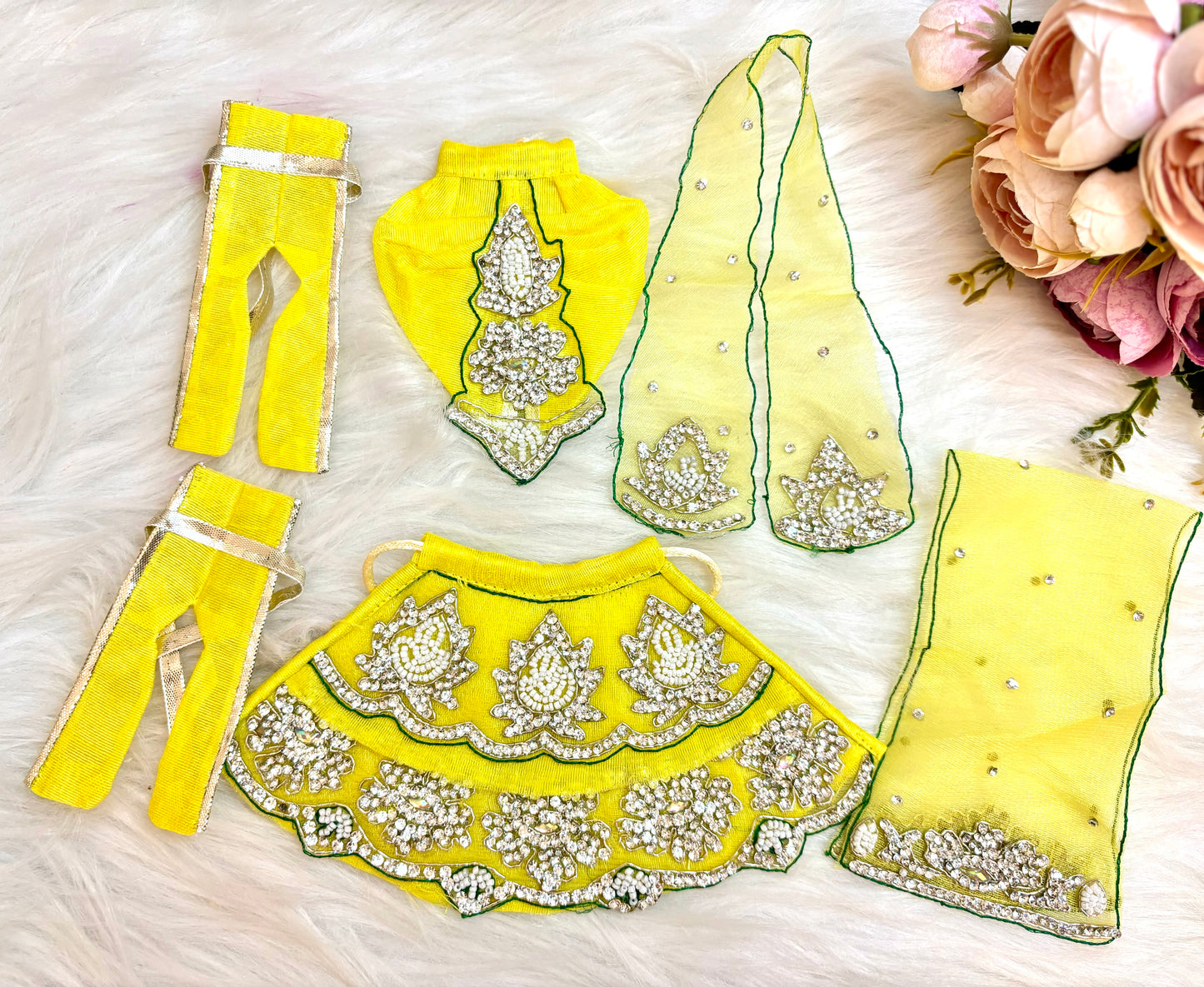 Laxmi ji & Ganesh ji Set Lemon Yellow Lehenga & Dhoti - 6 piece set