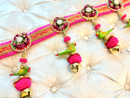 Auspicious Parrot with Pink Jute Flower Toran