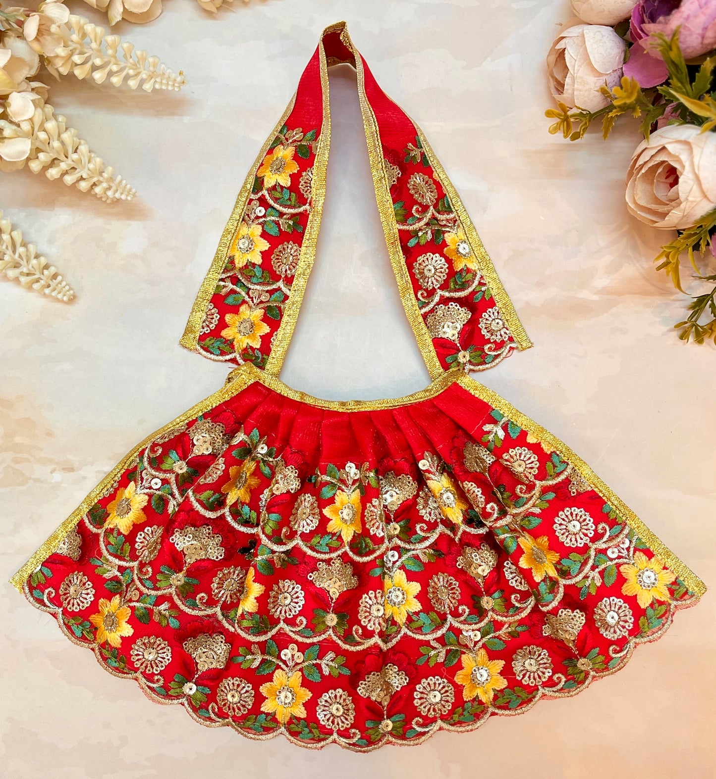 Mata Rani Lehenga & Patka ( 2 piece set) - Red Flower