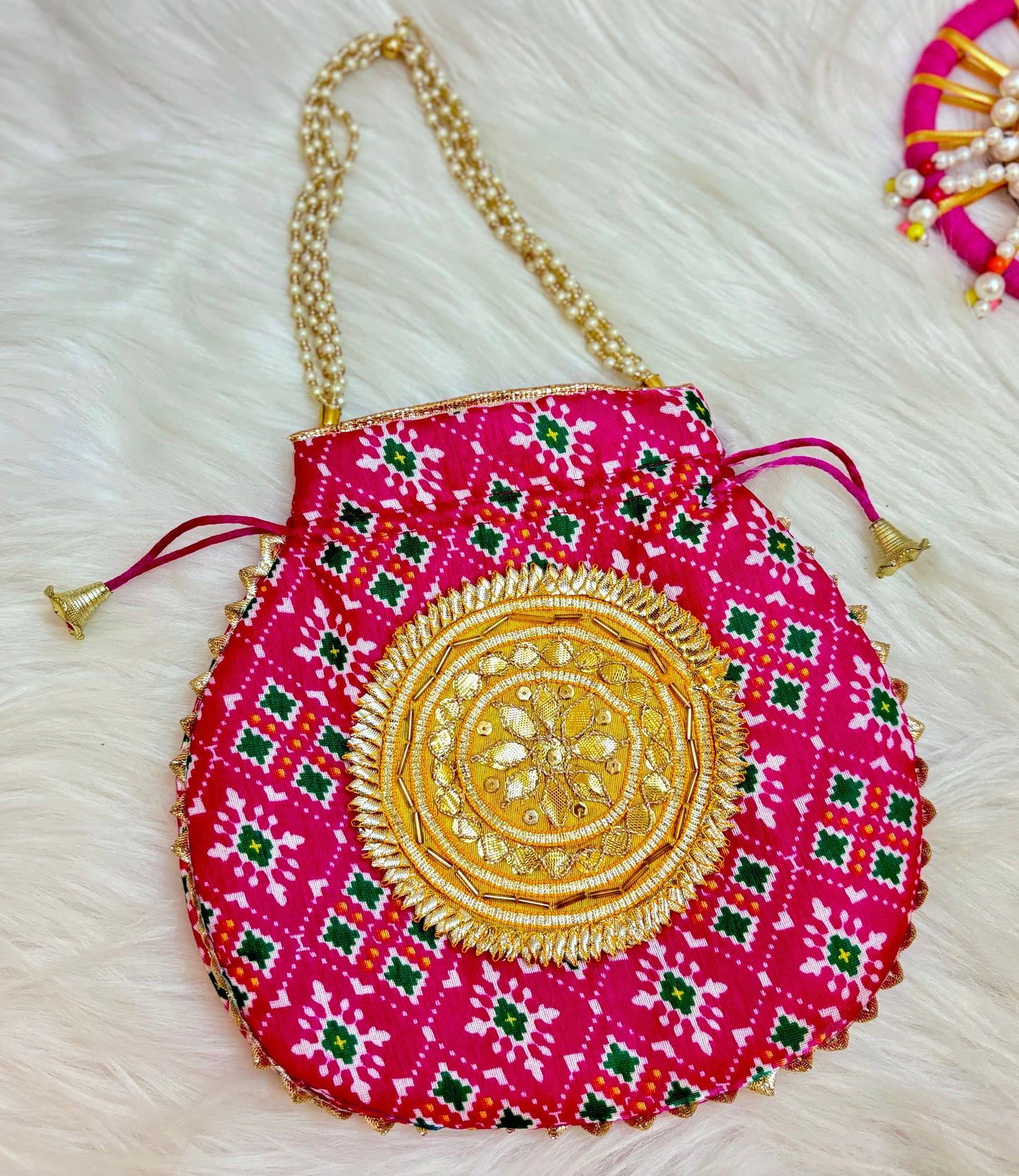 Hot Pink Patola Potli with Pearl Handle