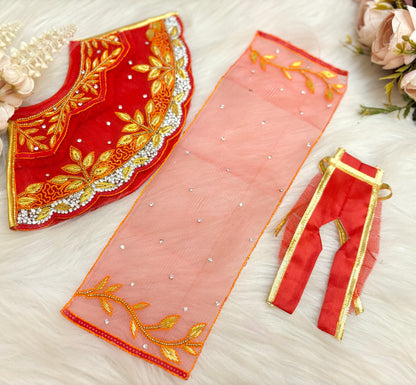 Luxe - RK  / Yugal Sarkar/  Laxmi ji & Ganesh ji Set Golden Red Leaf Lehenga & Dhoti - 6 piece set