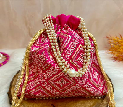 Pink Lucknowi Potli with Pearl Handle