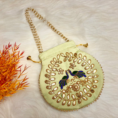 Light Green Peacock Potli with Pearl Handle