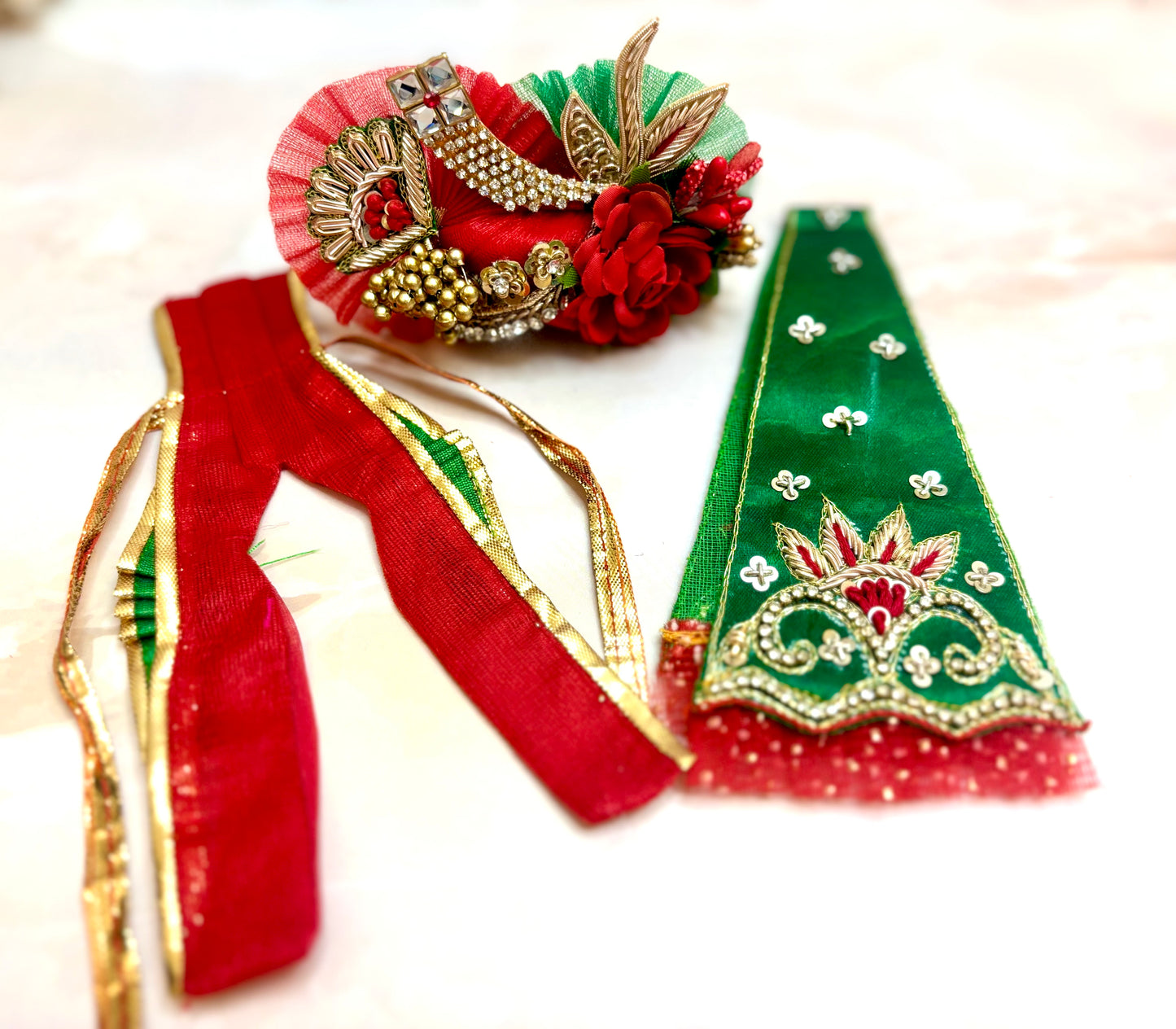 Luxe Green & Red Hand embroidered Laddu Gopal Dress (4 piece set)