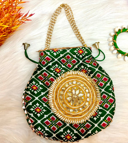 Green Patola Potli with Pearl Handle