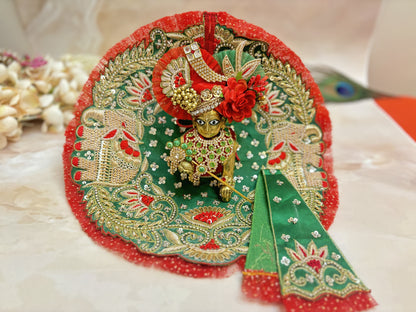 Luxe Green & Red Hand embroidered Laddu Gopal Dress (4 piece set)