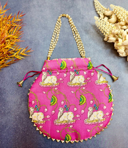 Pink Pichwai Potli with Pearl Handle