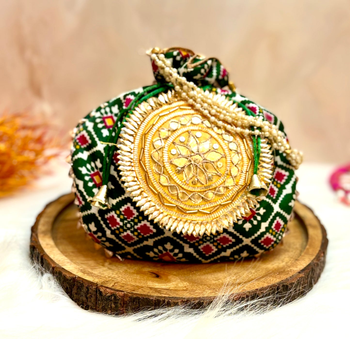 Green Patola Potli with Pearl Handle