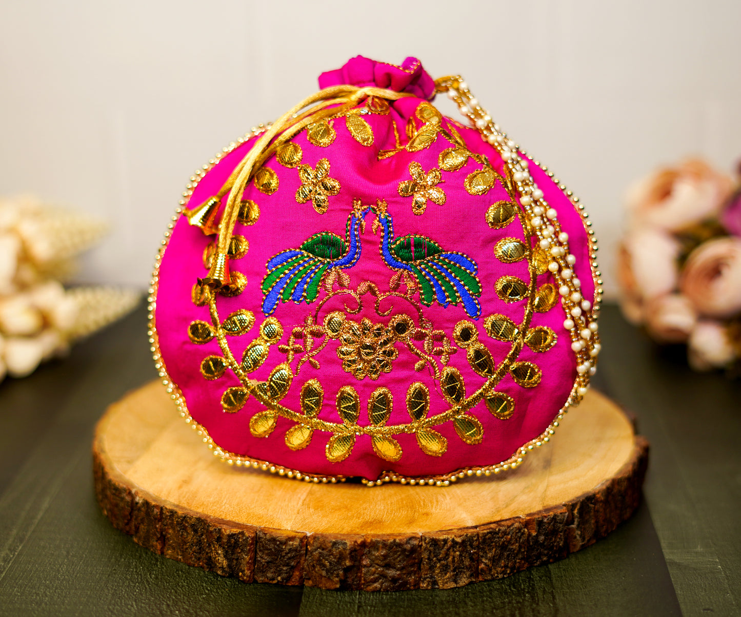 Hot Pink Peacock Potli with Pearl Handle