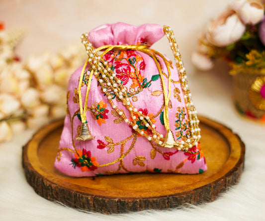 Pink Embroidered Flower Potli with Pearl Handle