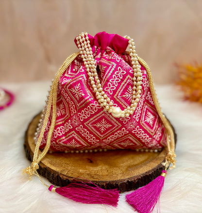 Pink Lucknowi Potli with Pearl Handle