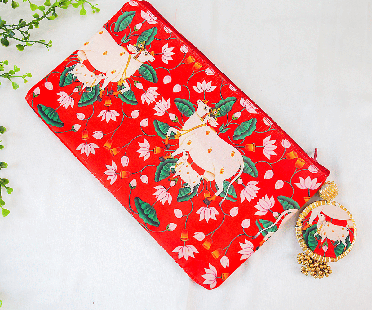 Red Cow Pichwai Silk Zip Bags