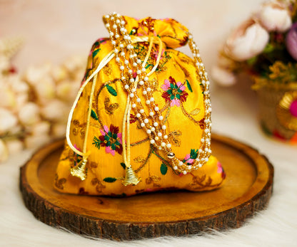 Yellow Embroidered Flower Potli with Pearl Handle